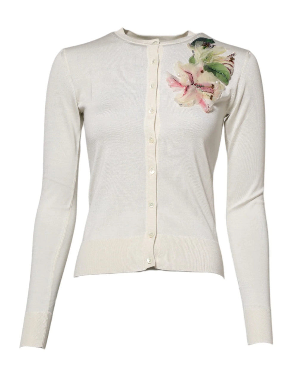 Dolce & Gabbana White Silk Lily Embellished Cardigan Sweater - IT36|XXS - Cardigans