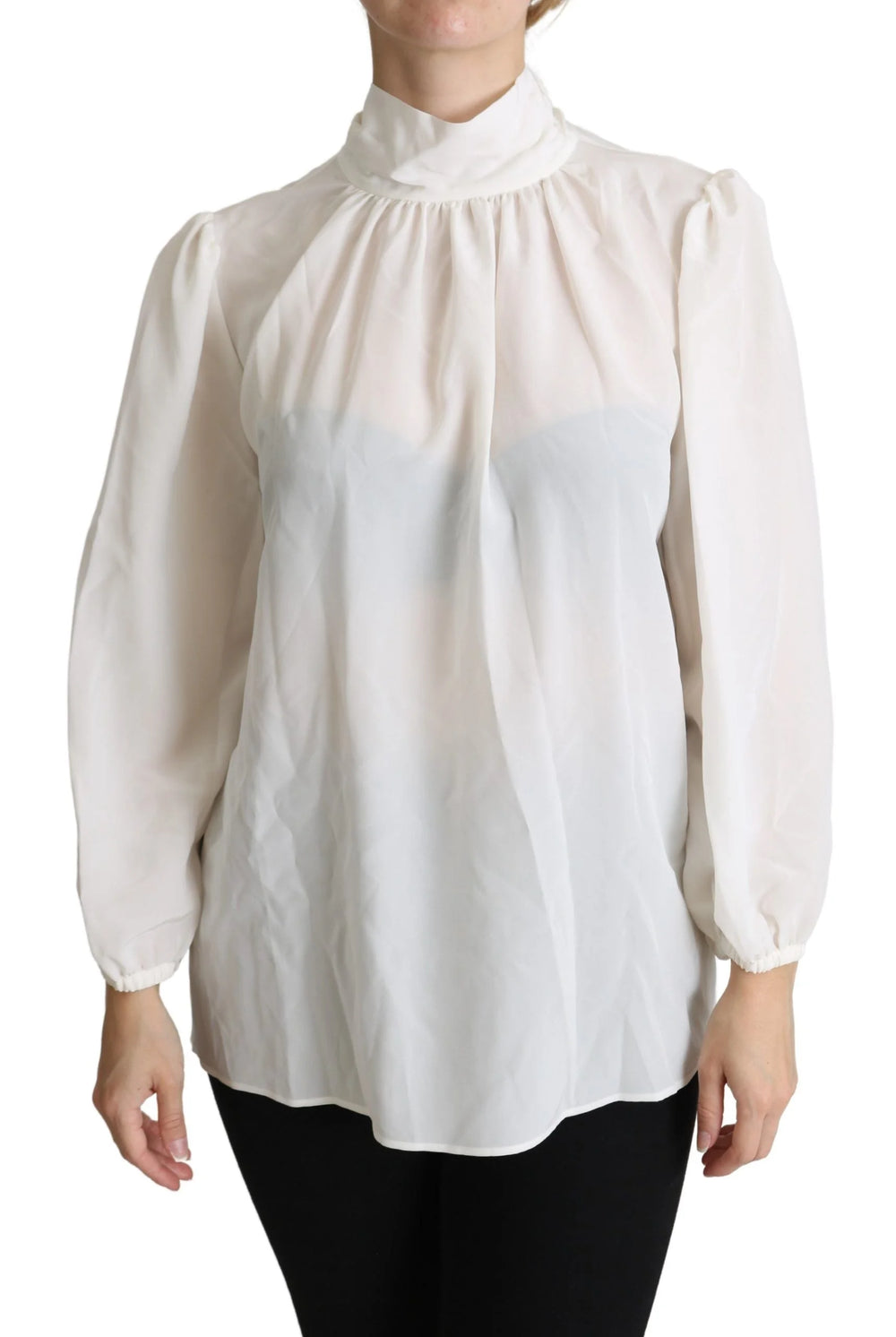 Dolce & Gabbana White Silk Pussy Bow Long Sleeved Top Blouse - IT44|L - Blouses