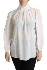 Dolce & Gabbana White Silk Pussy Bow Long Sleeved Top Blouse - IT44|L - Blouses