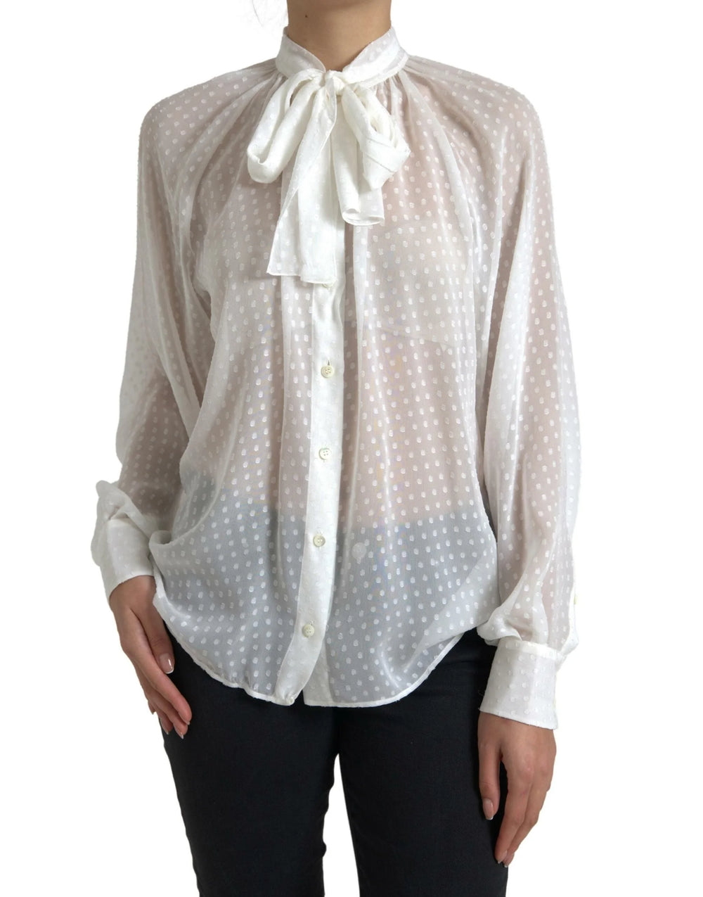 Dolce & Gabbana White Silk Sheer Tied Neck Polka Dots Blouse - IT42|M - Blouses