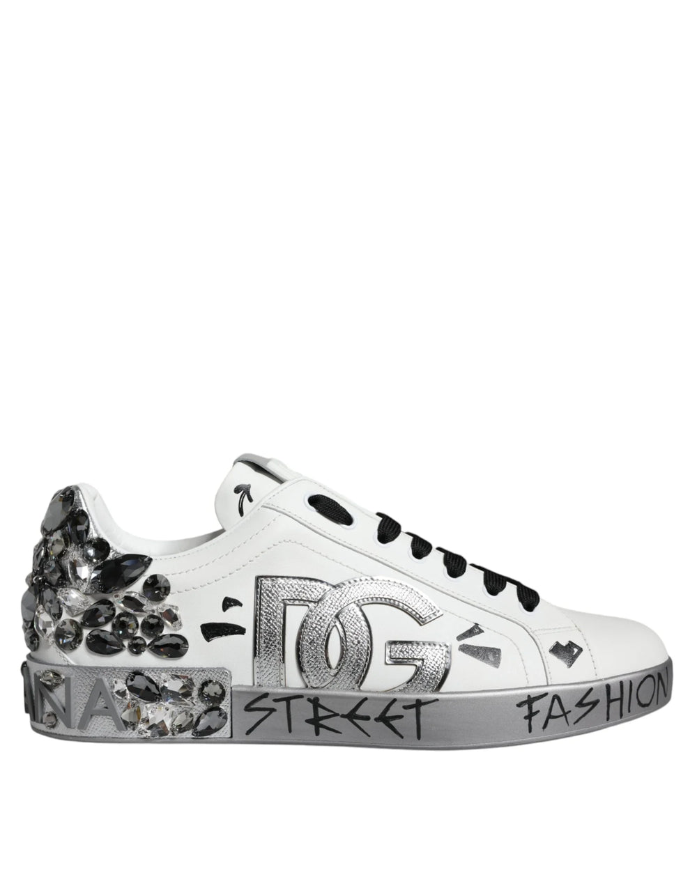 Dolce & Gabbana White Silver Crystal Logo Portofino Sneakers Shoes - Sneakers