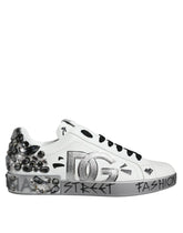 Dolce & Gabbana White Silver Crystal Logo Portofino Sneakers Shoes - Sneakers