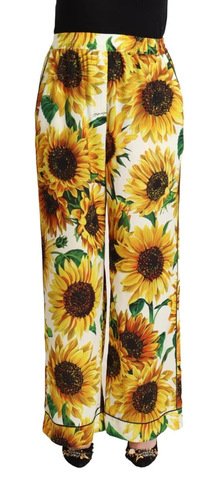 Dolce & Gabbana White Sunflower Print Mid Waist Wide Leg Pants - Trousers