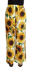 Dolce & Gabbana White Sunflower Print Mid Waist Wide Leg Pants - Trousers