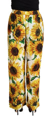 Dolce & Gabbana White Sunflower Print Mid Waist Wide Leg Pants - Trousers
