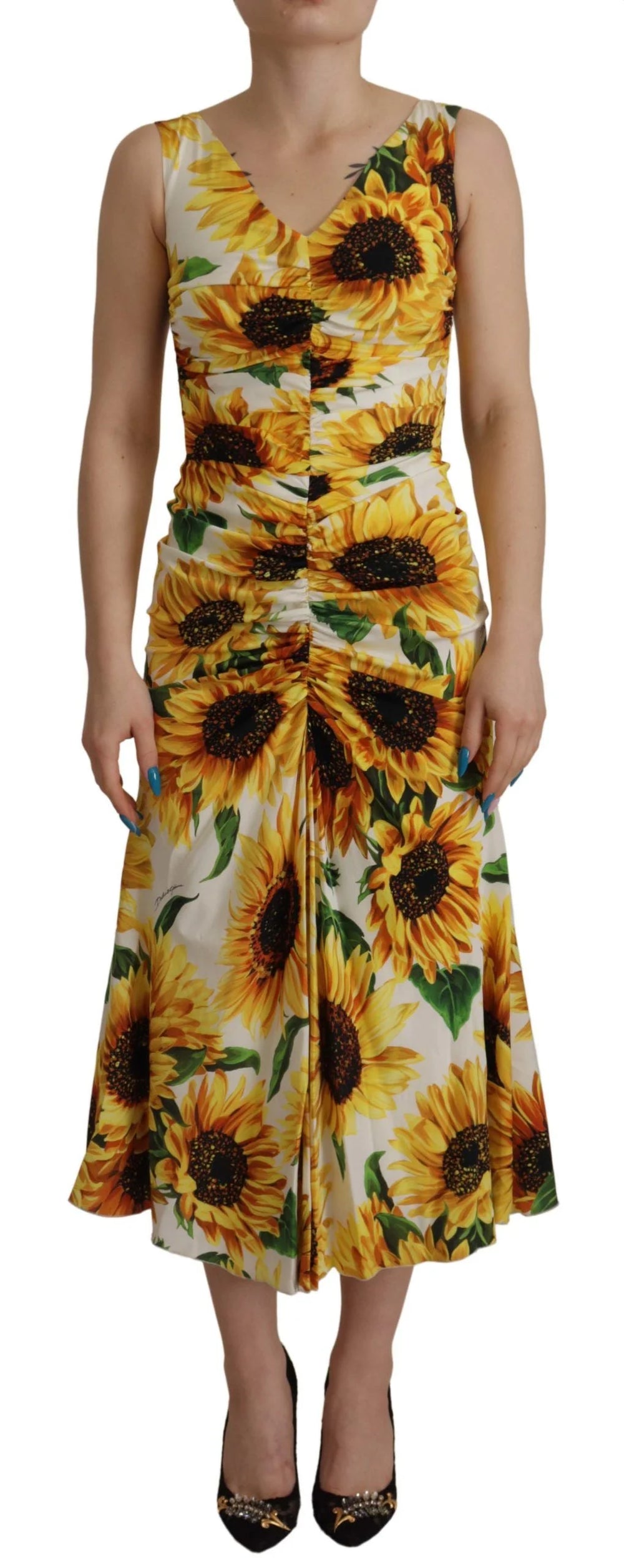 Dolce & Gabbana White Sunflower Print Sheath Midi Silk - IT36|XXS - Dresses