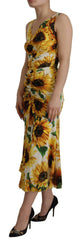 Dolce & Gabbana White Sunflower Print Sheath Midi Silk - IT36|XXS - Dresses