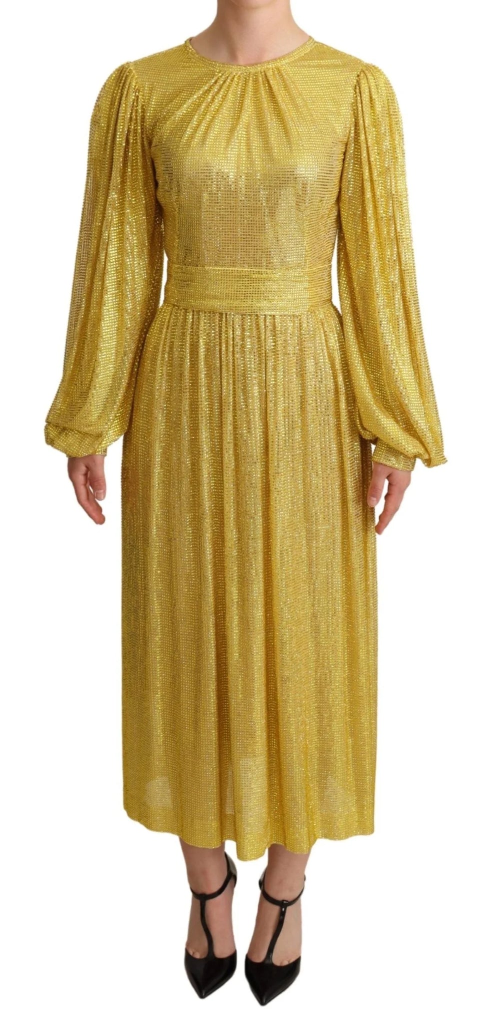 Dolce & Gabbana Yellow Crystal Mesh Pleated Maxi Dress - IT38|XS - Dresses