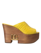 Dolce & Gabbana Yellow Leather Wood Mule Wedge Slides Shoes - Sandals
