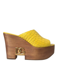 Dolce & Gabbana Yellow Leather Wood Mule Wedge Slides Shoes - Sandals