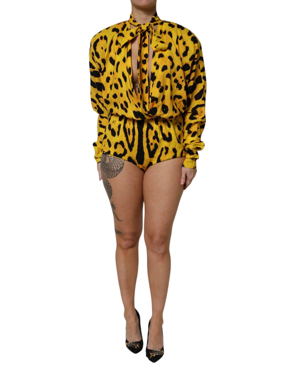 Dolce & Gabbana Yellow Leopard Long Sleeves Jumpsuit Dress - One-Pieces