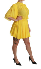 Dolce & Gabbana Yellow Pleated A-line Mini 100% Silk Dress - IT40|S - Dresses
