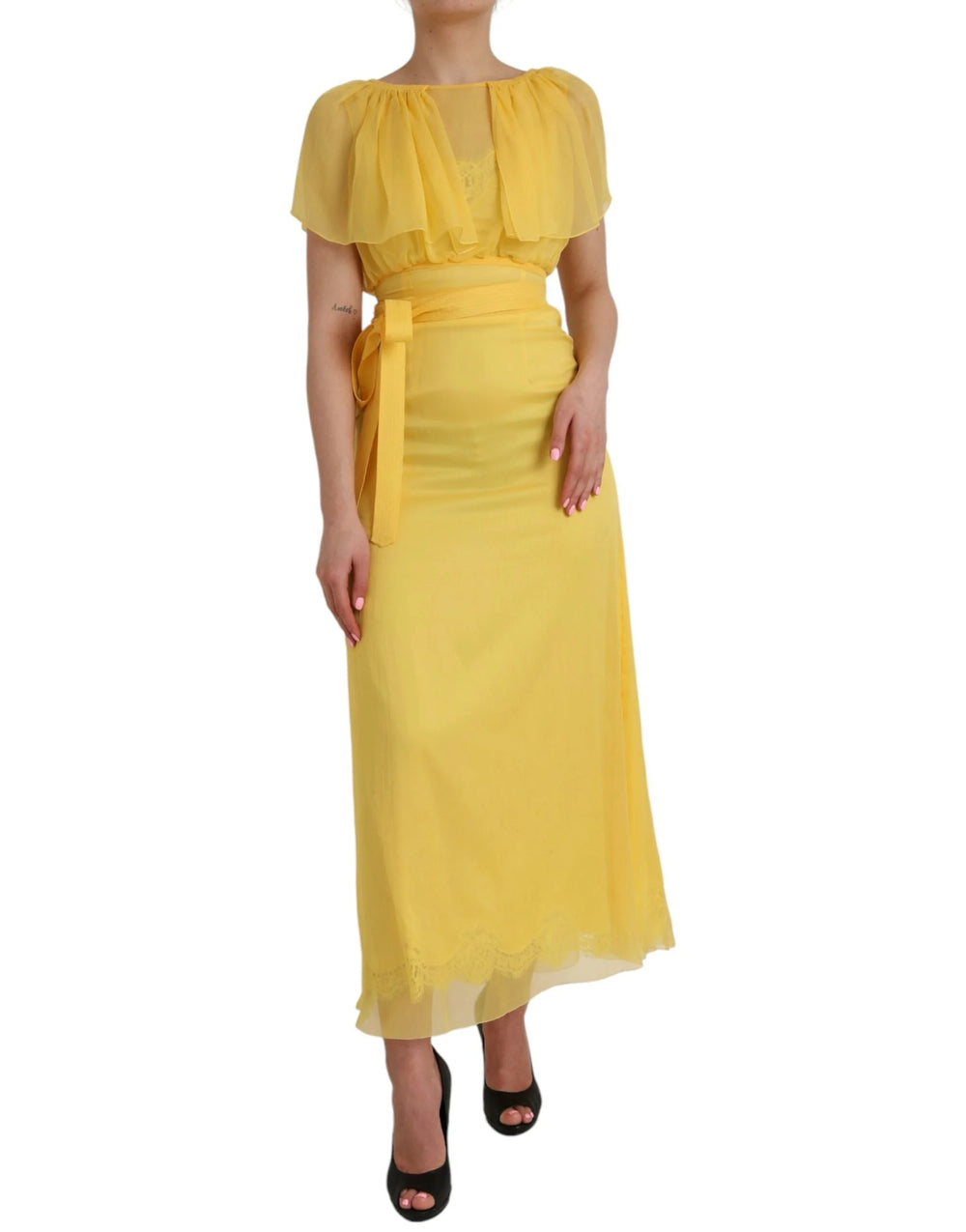 Dolce & Gabbana Yellow Silk Sheath Belted Long Maxi Dress - IT40|S - Dresses