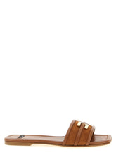 Elisabetta Franchi brown leather slides featuring a gold-tone logo hardware detail on the front strap.