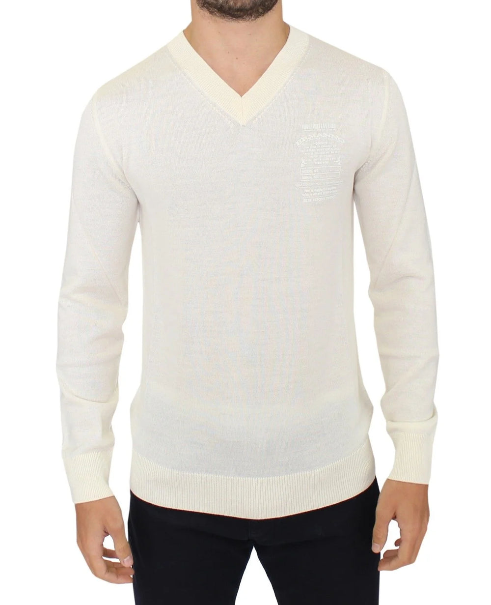 Ermanno Scervino Off White Wool Blend V-neck Pullover Sweater - IT46 | S - Sweaters