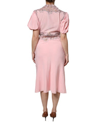Ermanno Scervino Pink Floral Lace Short Sleeves V-neck Midi Dress - IT44 | L - Dresses