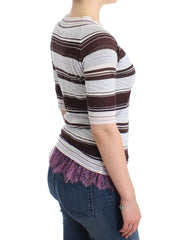 Ermanno Scervino Striped Lace V-Neck Short Sleeve Top Sweater - IT42 | S - Sweaters