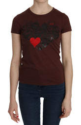 Exte Brown Heart Print Crew Neck T-shirt Short Sleeve Blouse - IT42|M - T-Shirts