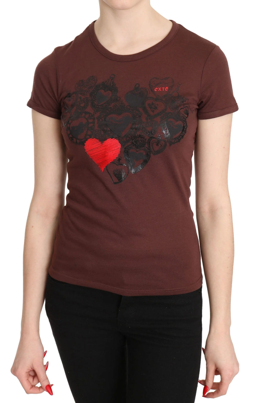 Exte Brown Hearts Printed Round Neck T-shirt Top - IT42|M - T-Shirts