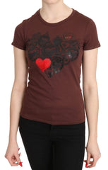Exte Brown Hearts Printed Round Neck T-shirt Top - IT42|M - T-Shirts