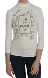 Exte White Printed Turtle Neck 3/4 Sleeve Top Cotton Blouse - Blouses
