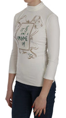 Exte White Printed Turtle Neck 3/4 Sleeve Top Cotton Blouse - Blouses
