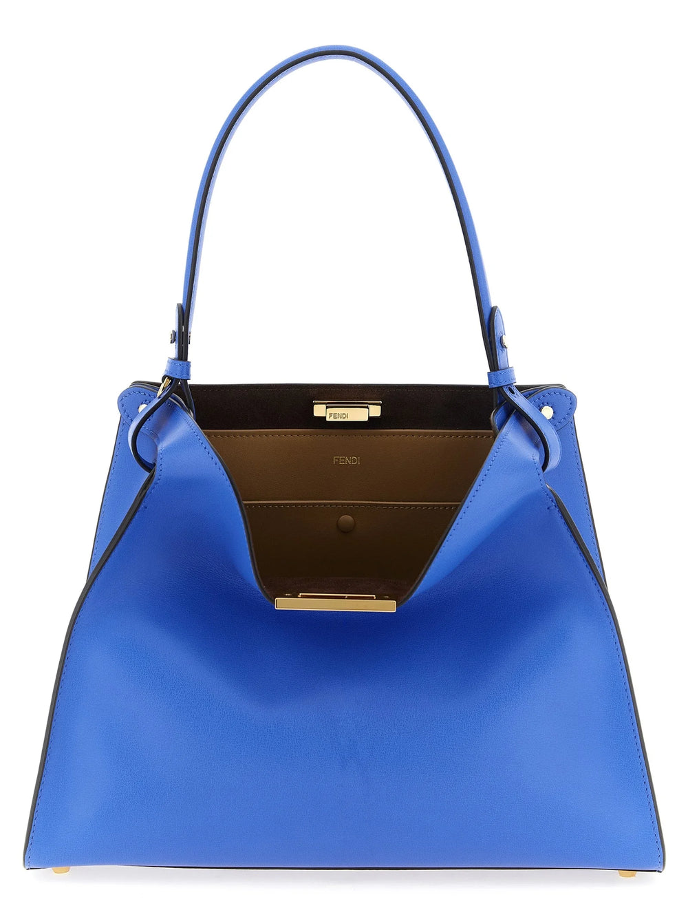 Frontansicht einer Fendi blauen Kalbshide Handtasche mit einer strukturierten Silhouette und einem eleganten Henkel.