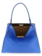 Front view of a Fendi blue calfskin leather handbag featuring a structured silhouette and elegant top handle.