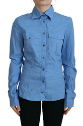 Ferre Blue Cotton Long Sleeves Collared Button Down Top - IT38|XS - Shirts