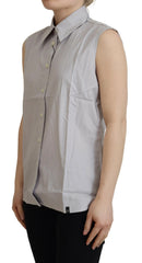 Ferre Light Gray Stripes Cotton Sleeveless Collared Top - IT40|S - Shirts