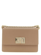 Front view of a Furla beige calfskin crossbody bag featuring a structured silhouette and gold-tone hardware.