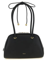 Front view of a Furla black calfskin leather handbag featuring a structured silhouette and gold-tone hardware.