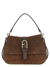 Front view of a Furla brown calfskin handbag featuring a structured silhouette and elegant gold-tone hardware.