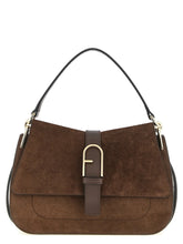 Front view of a Furla brown calfskin leather handbag with structured top handles and gold-tone hardware.