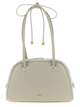 Front view of a Furla gray calfskin leather handbag featuring a structured silhouette and elegant top handle.