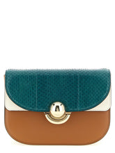Front view of a Furla multicolor crossbody bag in premium lamb leather with a structured silhouette and gold-tone hardware.