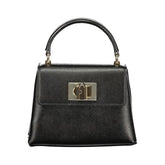 Front view of the Furla Nero leather handbag in classic black with a structured silhouette and elegant top handle.