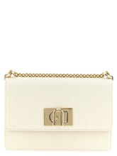 Front view of a Furla white calfskin crossbody bag featuring a structured silhouette and gold-tone hardware.