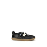 Ganni black recycled polyester ballet flats featuring a pointed toe and decorative silver-tone buckle straps.