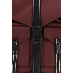 Rear view of the Ganni tech backpack in Bordeaux, highlighting the padded back panel and ergonomic strap design.