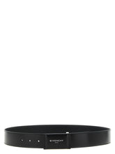 Givenchy black calfskin leather belt featuring a polished silver-tone buckle with engraved logo branding.