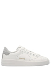 Golden Goose silver leather low top sneakers featuring a distressed finish and signature star patch in a front profile.