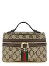 Front view of a Gucci beige polyethylene shoulder bag featuring a structured silhouette and minimalist luxury design.