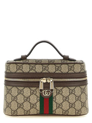 Front view of a Gucci beige polyethylene shoulder bag featuring a structured silhouette and minimalist luxury design.