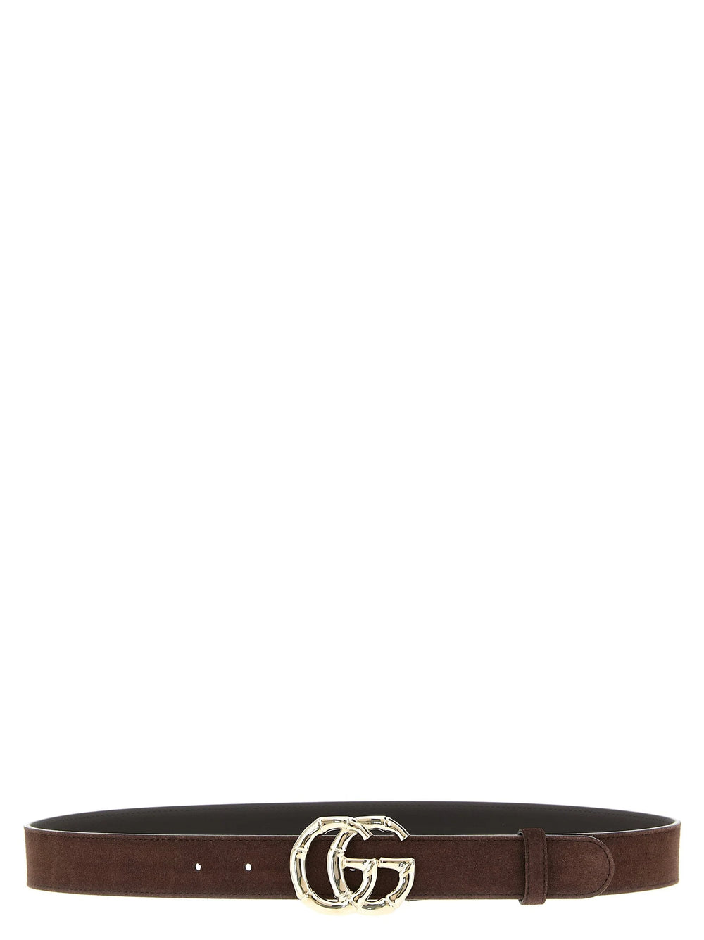 Front view of a Gucci brown calfskin leather belt featuring a polished gold-tone buckle and refined stitching.