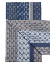 Gucci Monogram Blue Cashmere & Wool Scarf with Beige & Cream Fringe