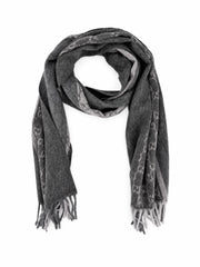Gucci Monogram Charcoal Grey Cashmere & Wool Scarf with Fringe