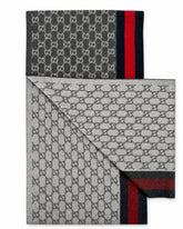 Gucci Monogram Charcoal Grey Cashmere & Wool Scarf with Red & Navy Stripe