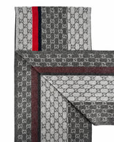 Gucci Monogram Grey Cashmere & Wool Scarf with Red & Black Stripe