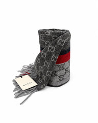 Gucci Monogram Grey Cashmere & Wool Scarf with Red & Black Stripe